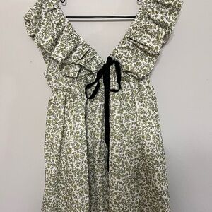 Green Floral Dress with Ruffle and Bow